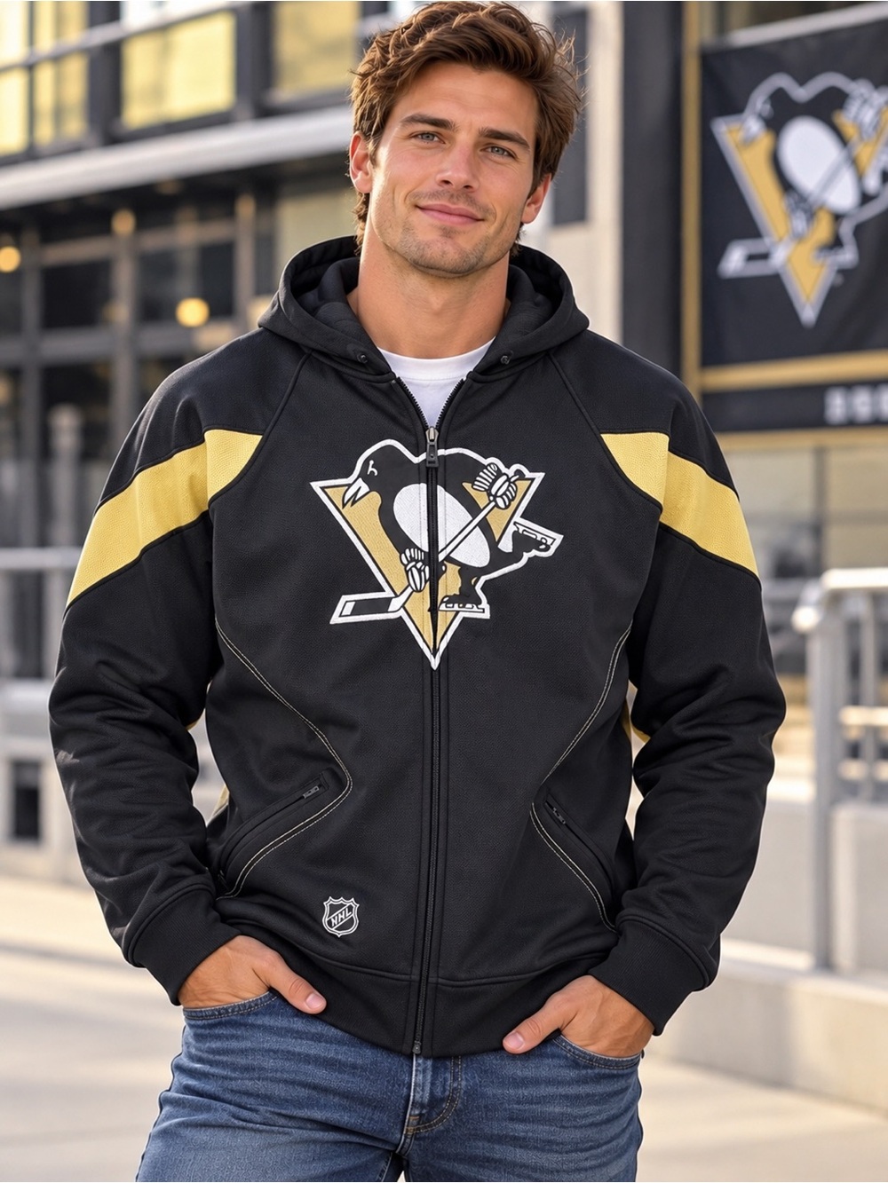Reebok NHL Penguins  Black and Gold Full-Zip Jacket- Large